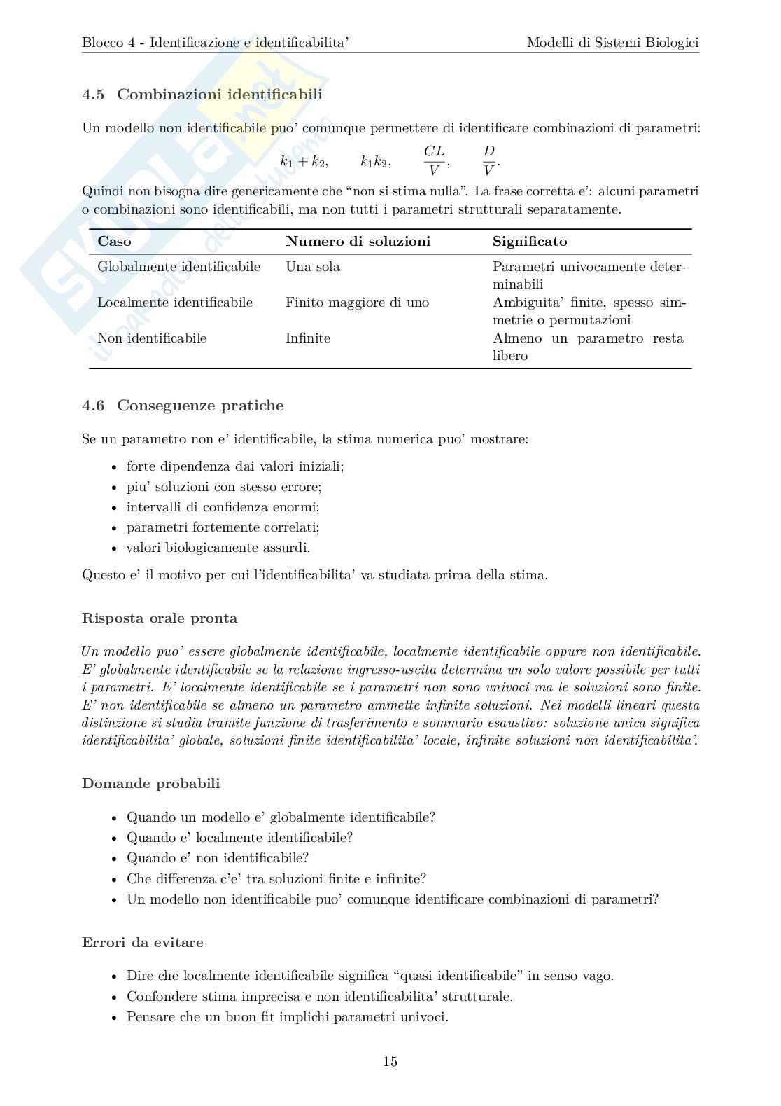 Blocco 4 Modelli di sistemi biologici - Identificazione e Identificabilità Pag. 16