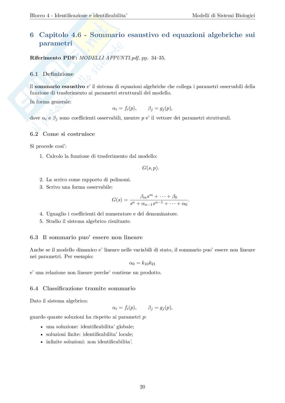Blocco 4 Modelli di sistemi biologici - Identificazione e Identificabilità Pag. 21