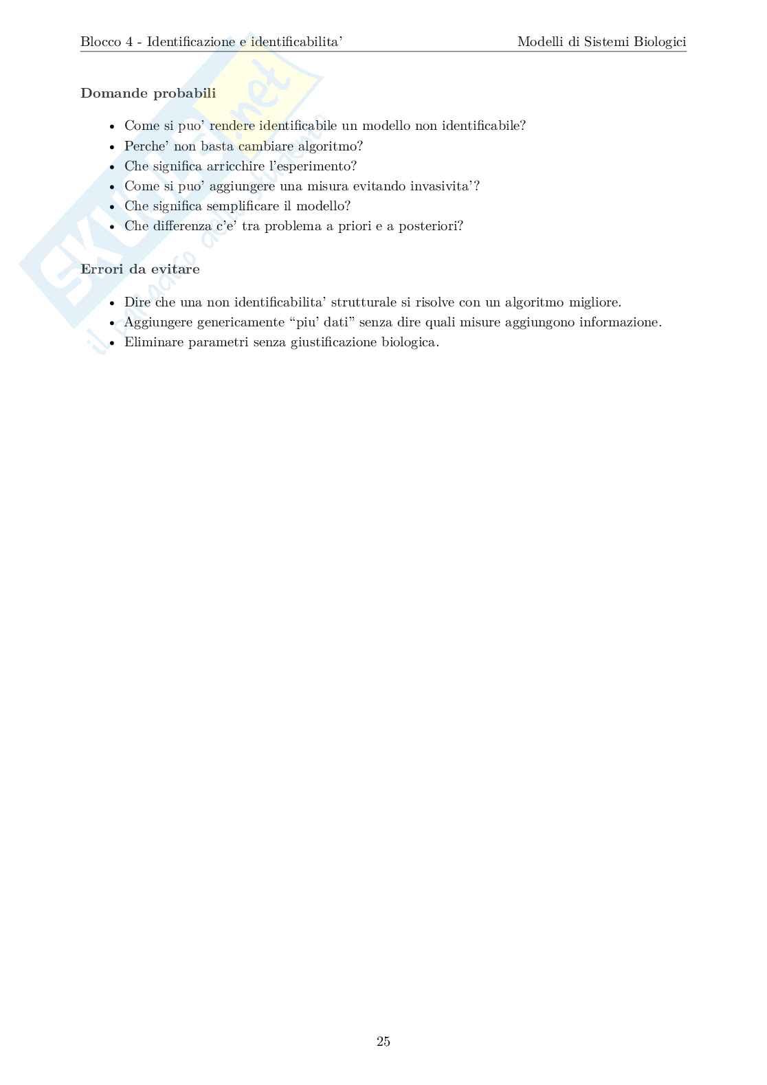 Blocco 4 Modelli di sistemi biologici - Identificazione e Identificabilità Pag. 26