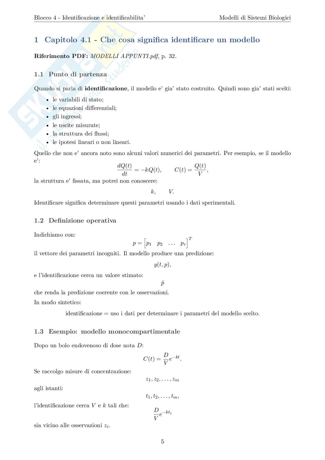 Blocco 4 Modelli di sistemi biologici - Identificazione e Identificabilità Pag. 6