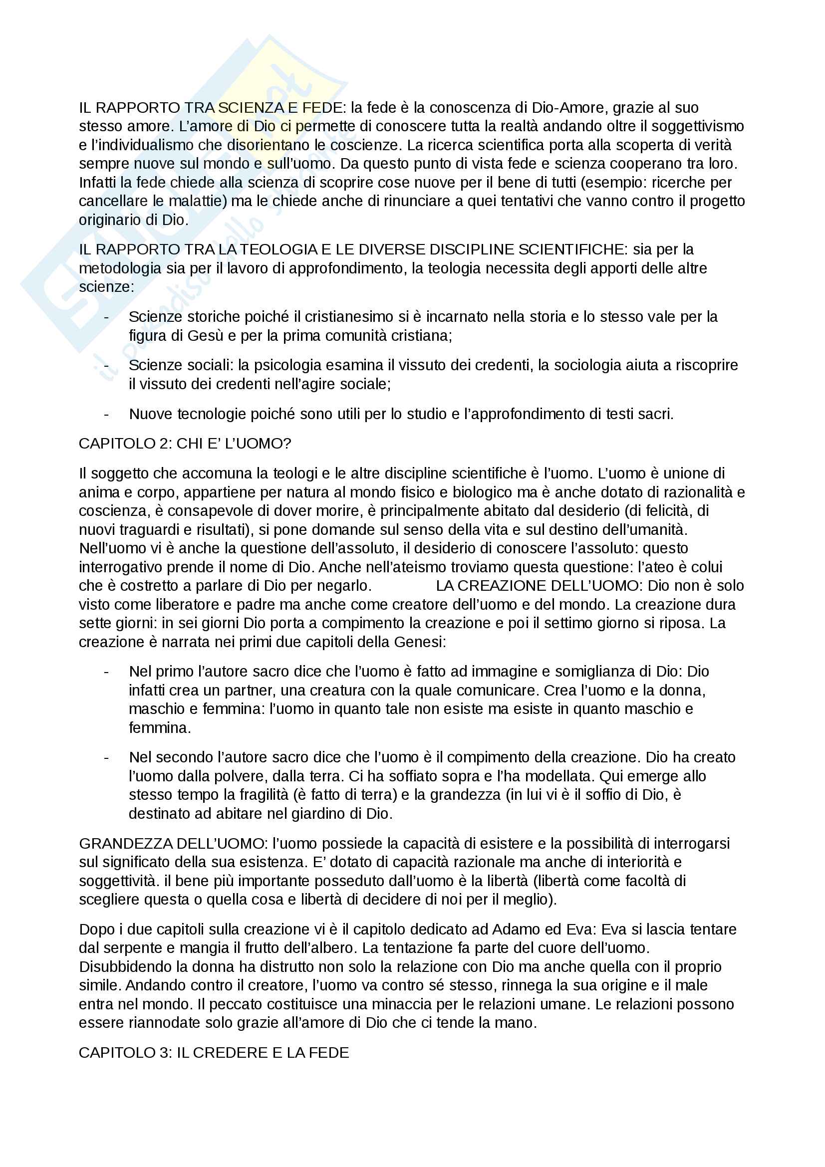 Riassunti esame Teologia I, prof. Bernardino Pessani, dispensa consigliata Introduzione alla teologia e questioni di teologia fondamentale Pag. 2