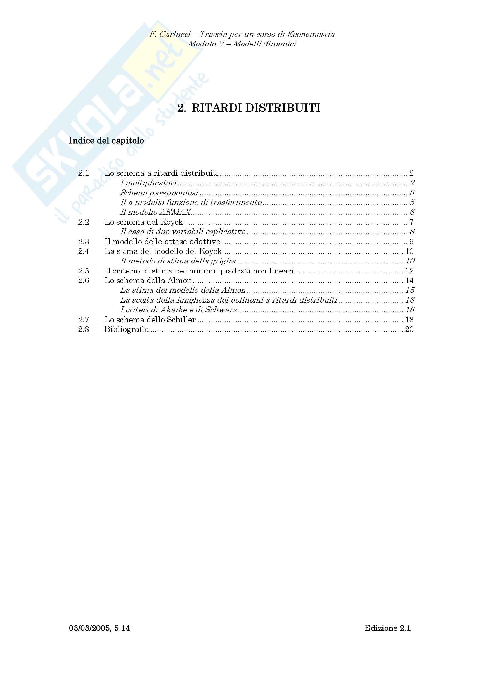 Econometria - i ritardi distribuiti Pag. 1