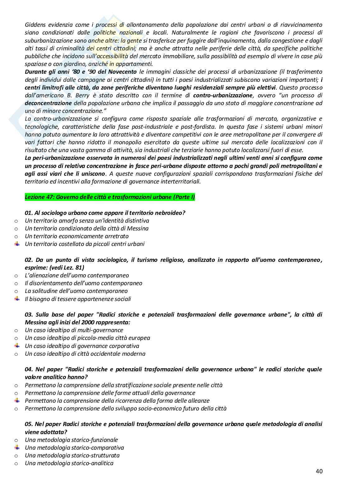 Paniere completo di Sociologia urbana del turismo e delle comunità locali - Risposte multiple e aperte - aggiornato (2026) Pag. 41