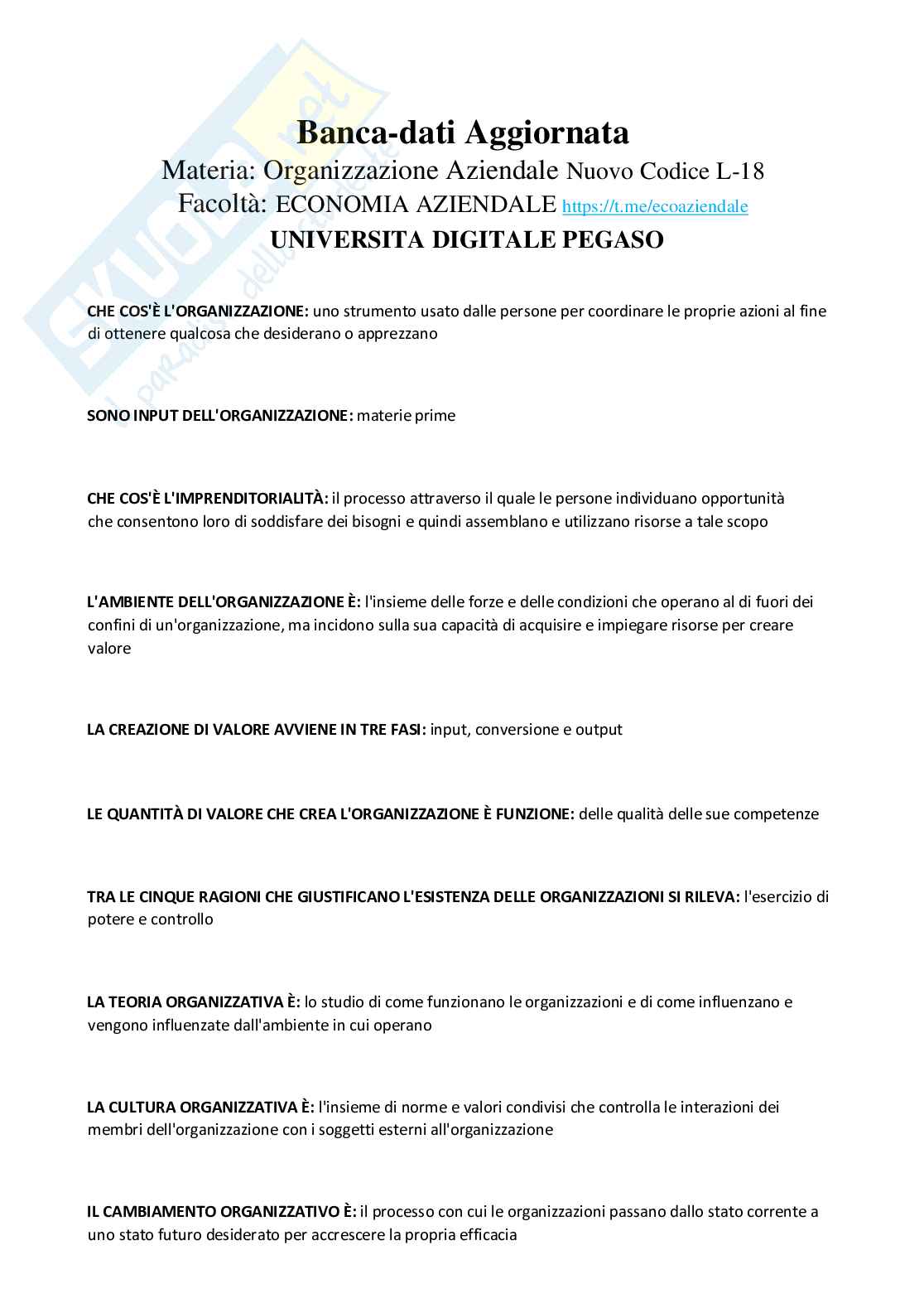 Paniere aggiornato di Organizzazione aziendale  Pag. 1