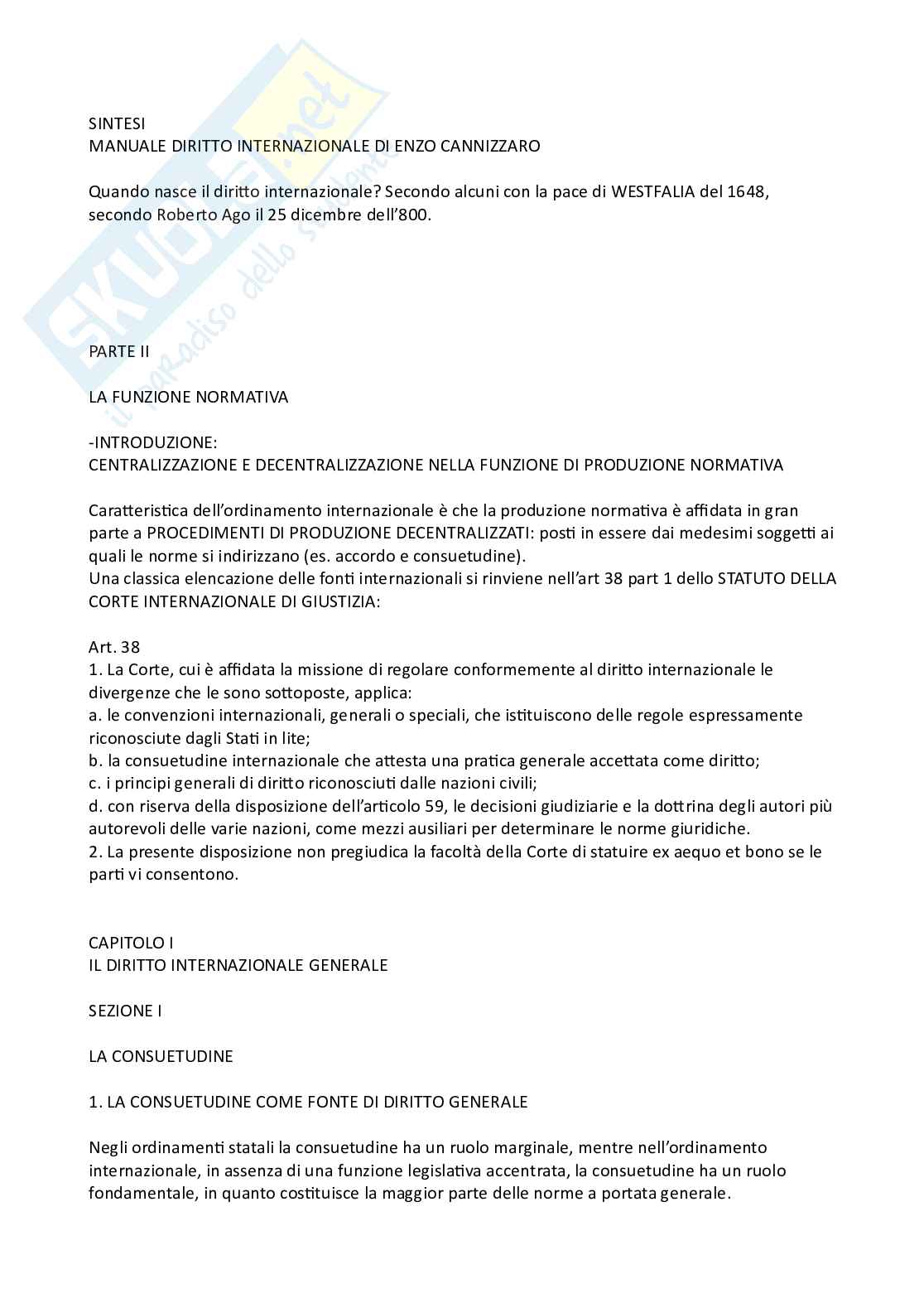 Riassunto esame Diritto internazionale, Prof. Cannizzaro Enzo, libro consigliato Diritto internazionale- , Vincenzo Cannizzaro  Pag. 1
