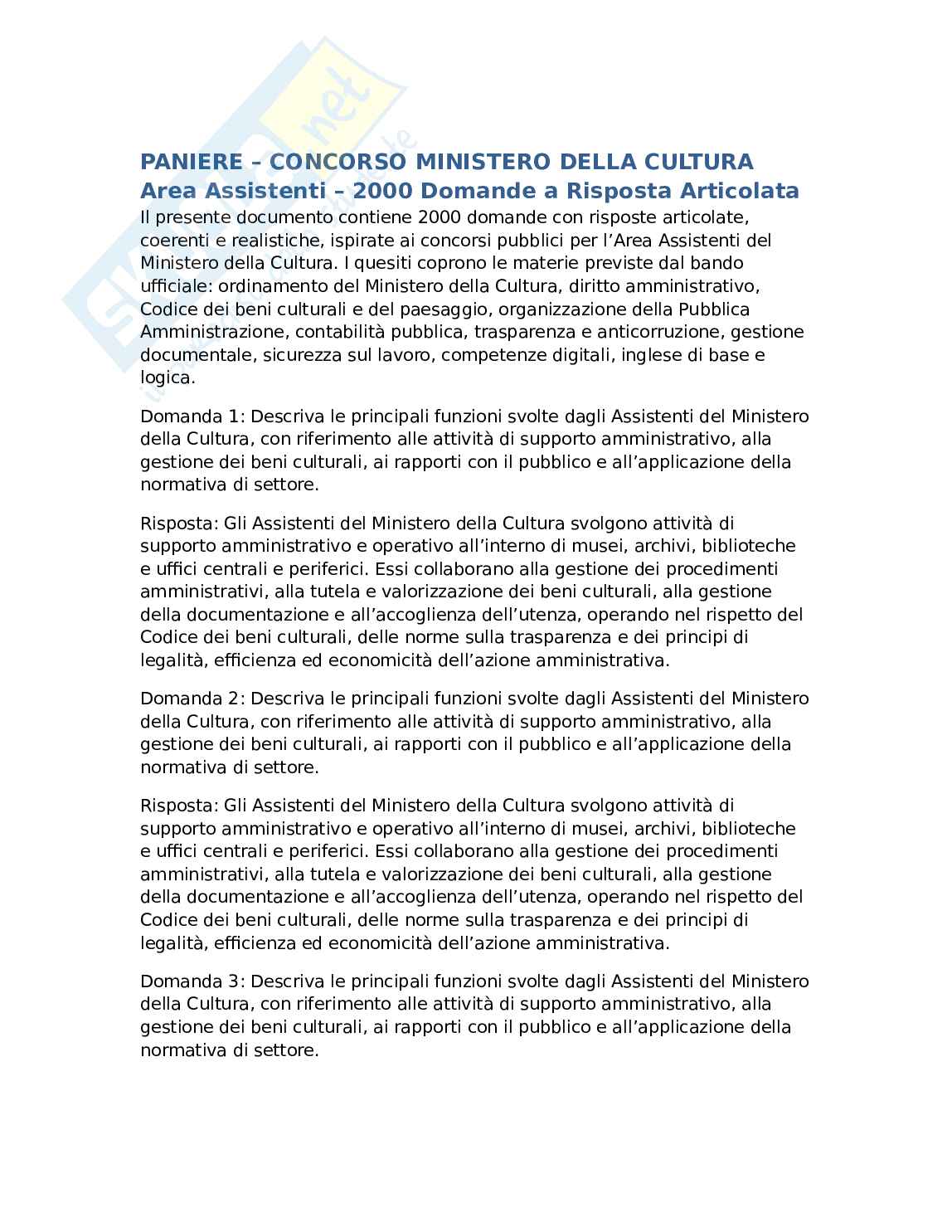Paniere di 2000 domande per concorso pubblico bandito da ministero della cultura da assistente per diplomati e laureati Pag. 1
