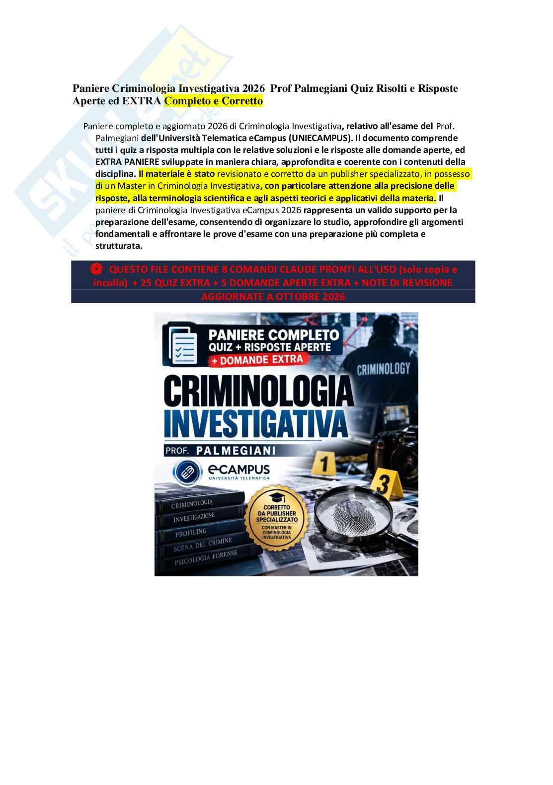 Paniere Criminologia investigativa 2026 - Quiz Risolti e Risposte Aperte ed Extra completo e corretto Pag. 1