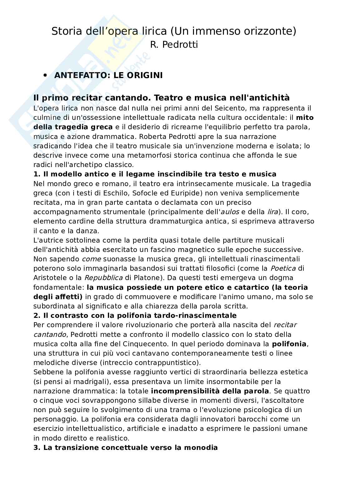 Riassunto esame Storia della musica, Prof. Pappalardo Matteo, libro consigliato Storia dell’opera lirica (Un immenso orizzonte), Pedrotti Pag. 1