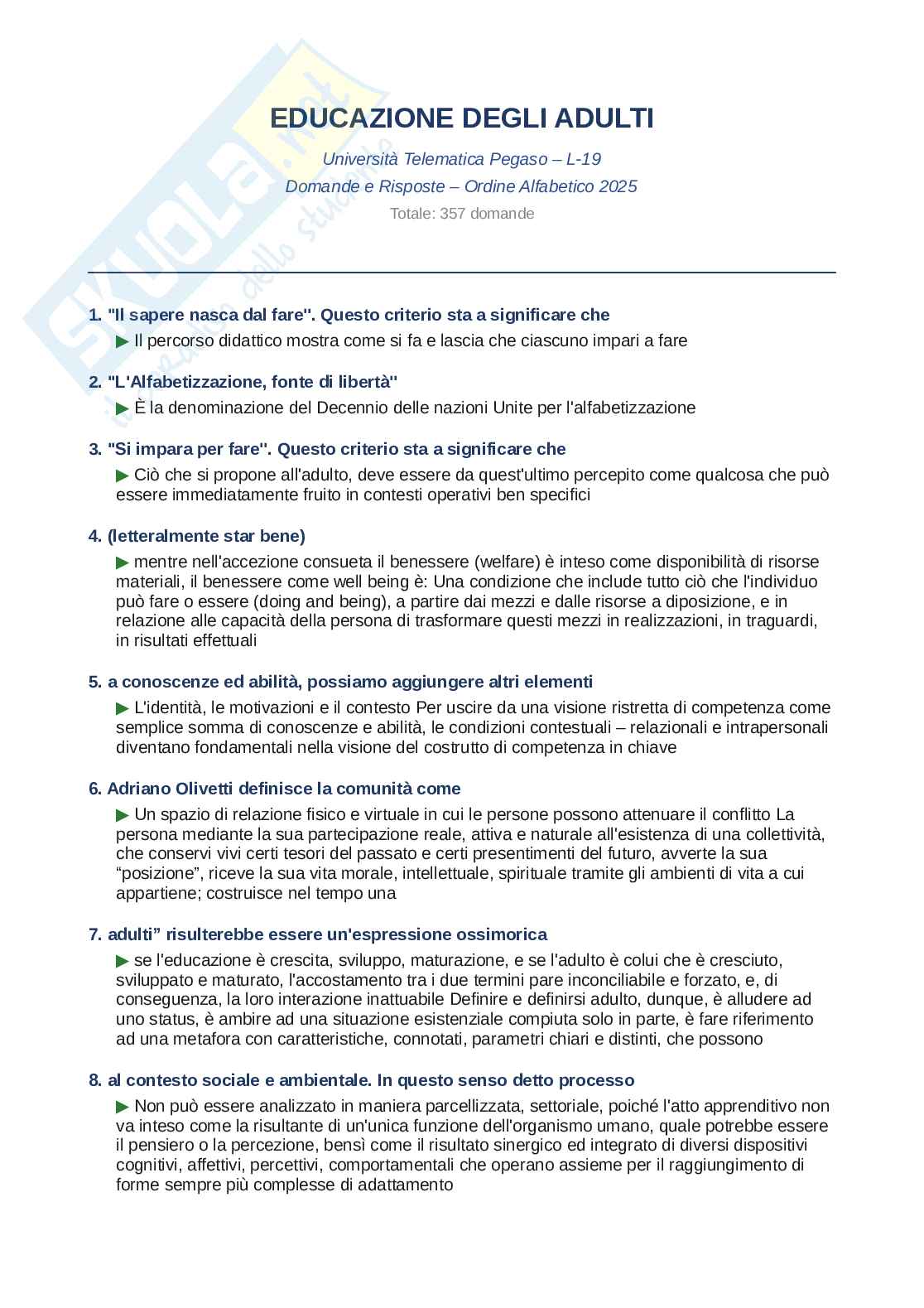 Domande e risposte Educazione degli adulti, ordine alfabetico 2025 Pag. 1