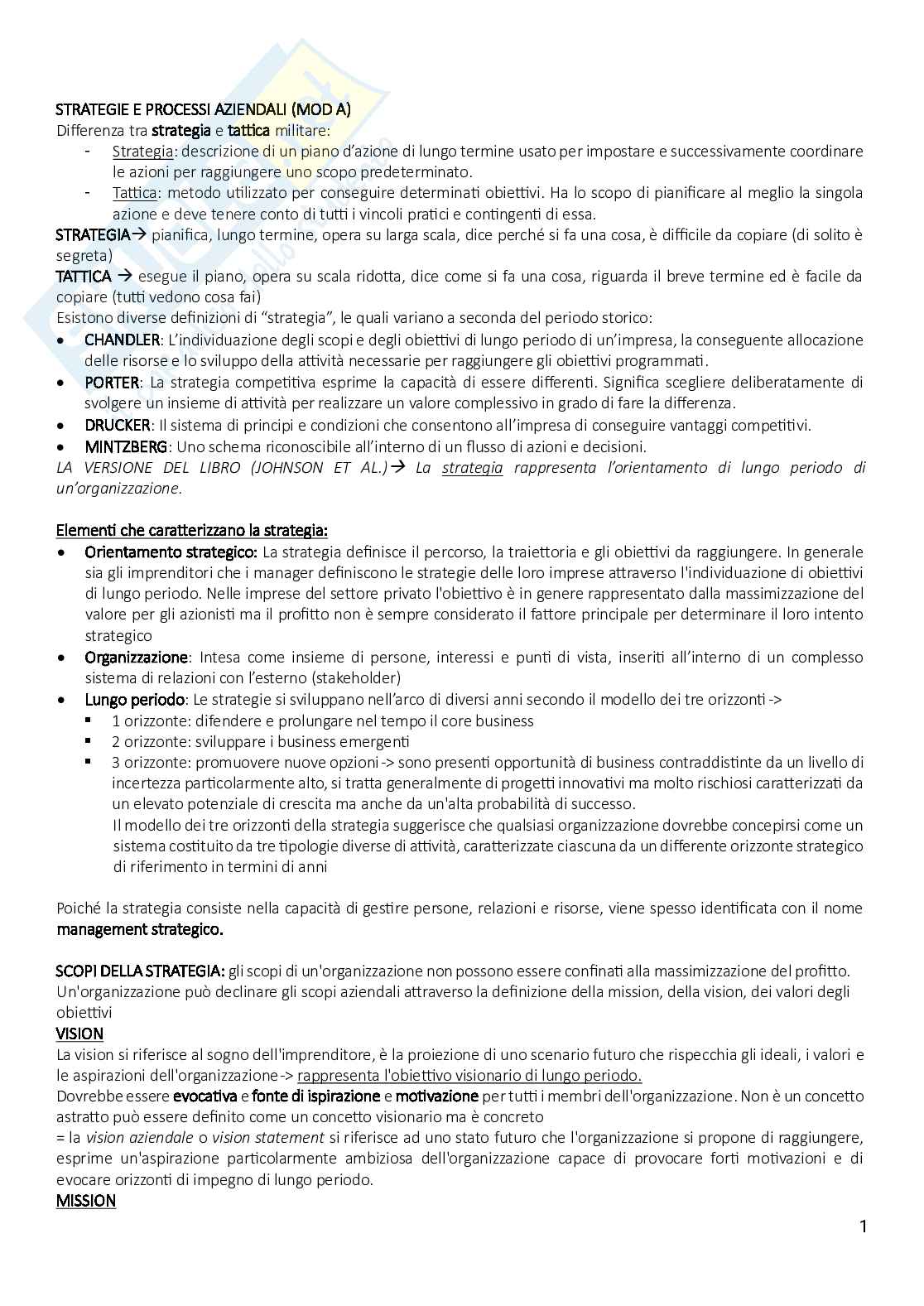 Riassunto esame Strategie e processi aziendali, Prof. Galeazzo Ambra, libro consigliato Economia e management delle imprese. Strategie e strumenti per la competitività e la gestione aziendale, Tunisini, Ferrucci, Pencarelli  Pag. 1