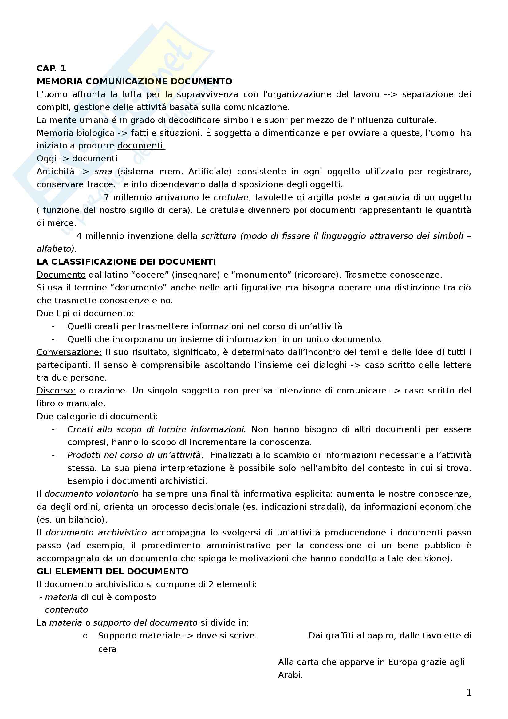 Riassunto esame Archivistica generale, prof. Paoloni, libro consigliato Elementi di archivistica, Londei Pag. 1