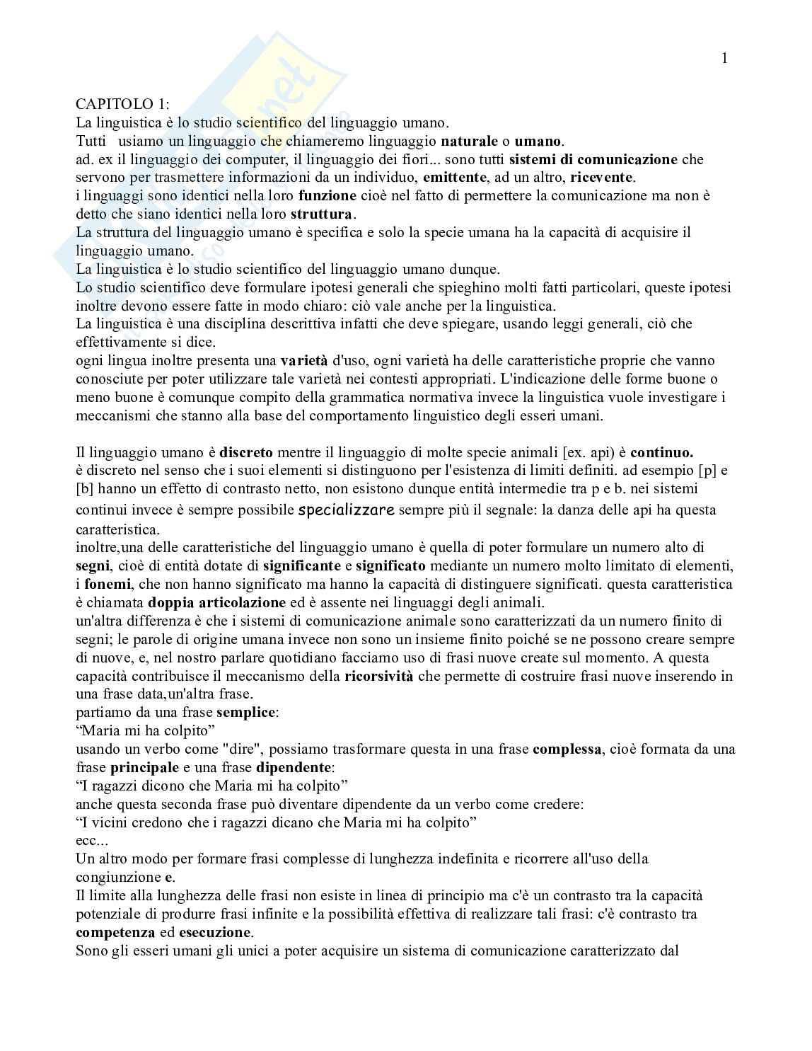 Riassunto esame Linguistica generale, Prof. Cotticelli Paola, libro consigliato Le lingue e il linguaggio, Graffi, Scalise Pag. 1