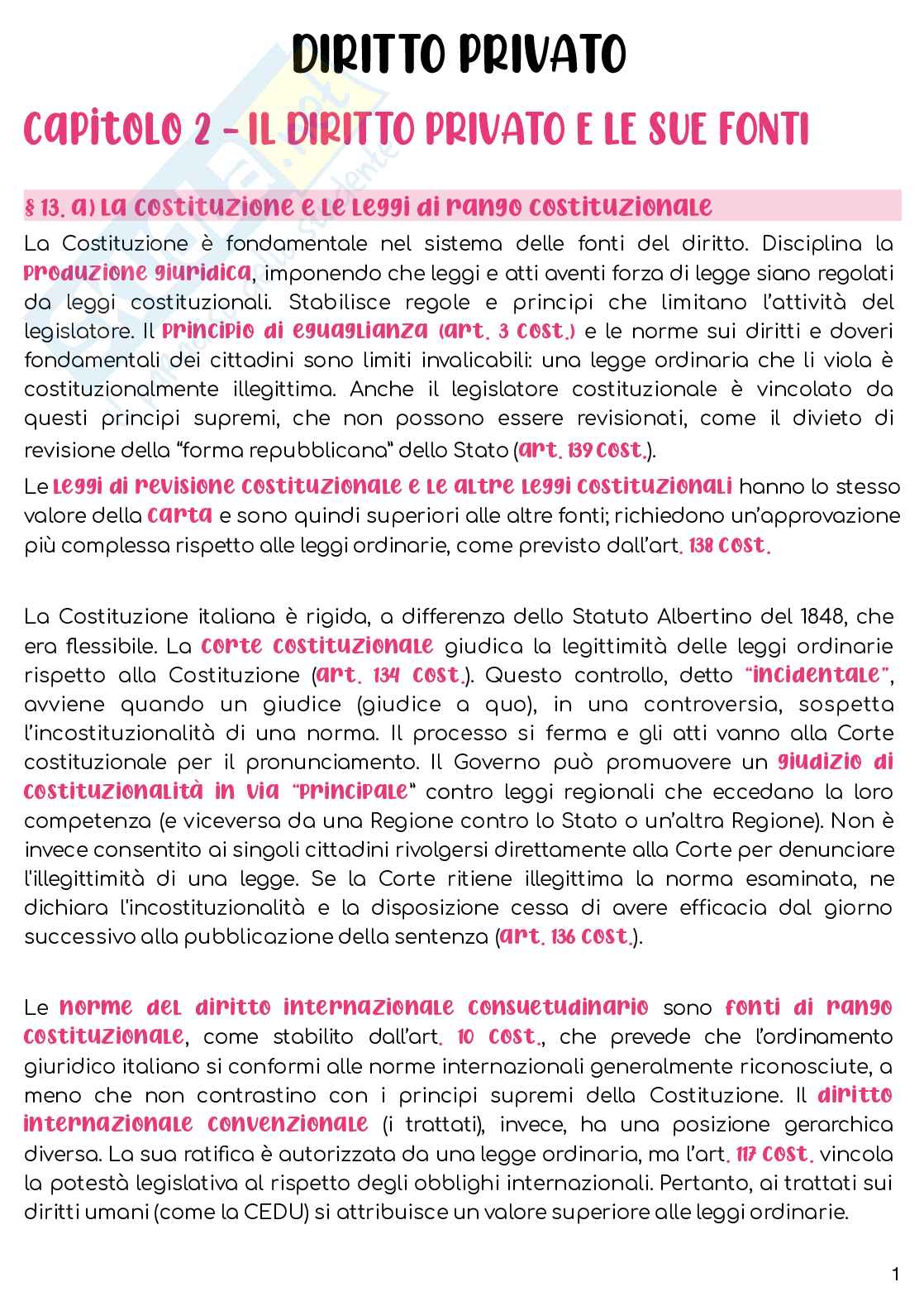 Riassunto esame Diritto privato I, Prof. Gorgoni Antonio, libro consigliato Manuale di diritto privato  , Torrente, Schlesinger   Pag. 1