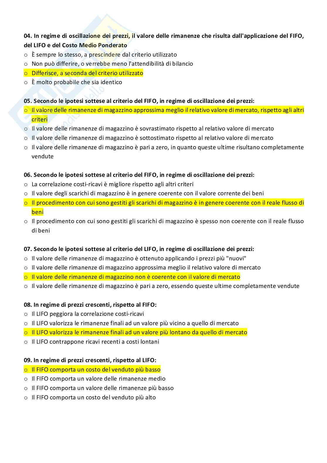 Paniere compilato con risposte chiuse di Analisi di bilancio Pag. 26