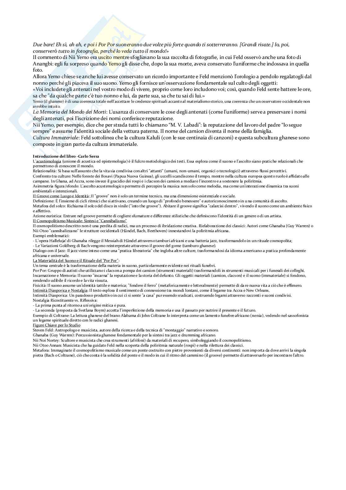 Riassunto esame Istituzioni di estetica, Prof. Serra Carlo, libro consigliato Lezioni sulla sintesi passiva, Passeggiata sulla collina di Loreto, Tendenze sintetiche, Filosofia della Musica e Jazz cosmopolita ad Accra , Husserl, Piana, Feld Pag. 31
