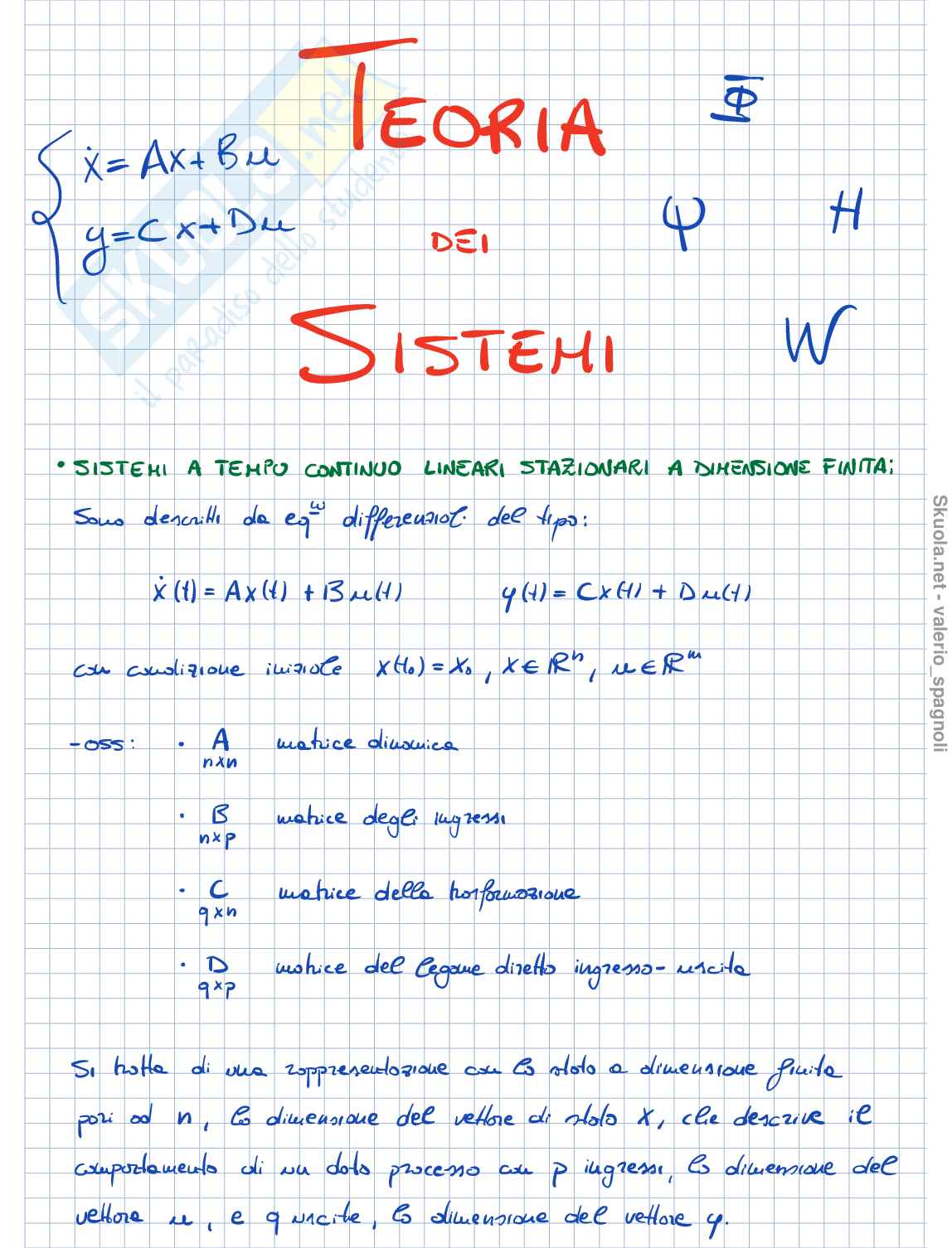 Teoria dei Sistemi - Sistemi a tempo continuo lineari stazionari a dimensione finita Pag. 2