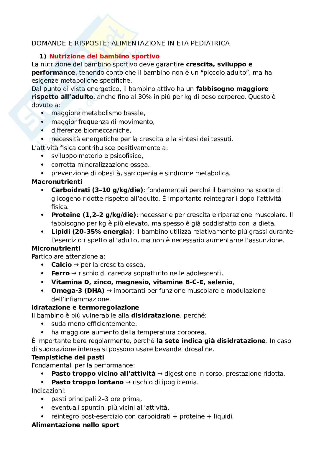 Domande e risposte esame Alimentazione in età pediatrica Pag. 1