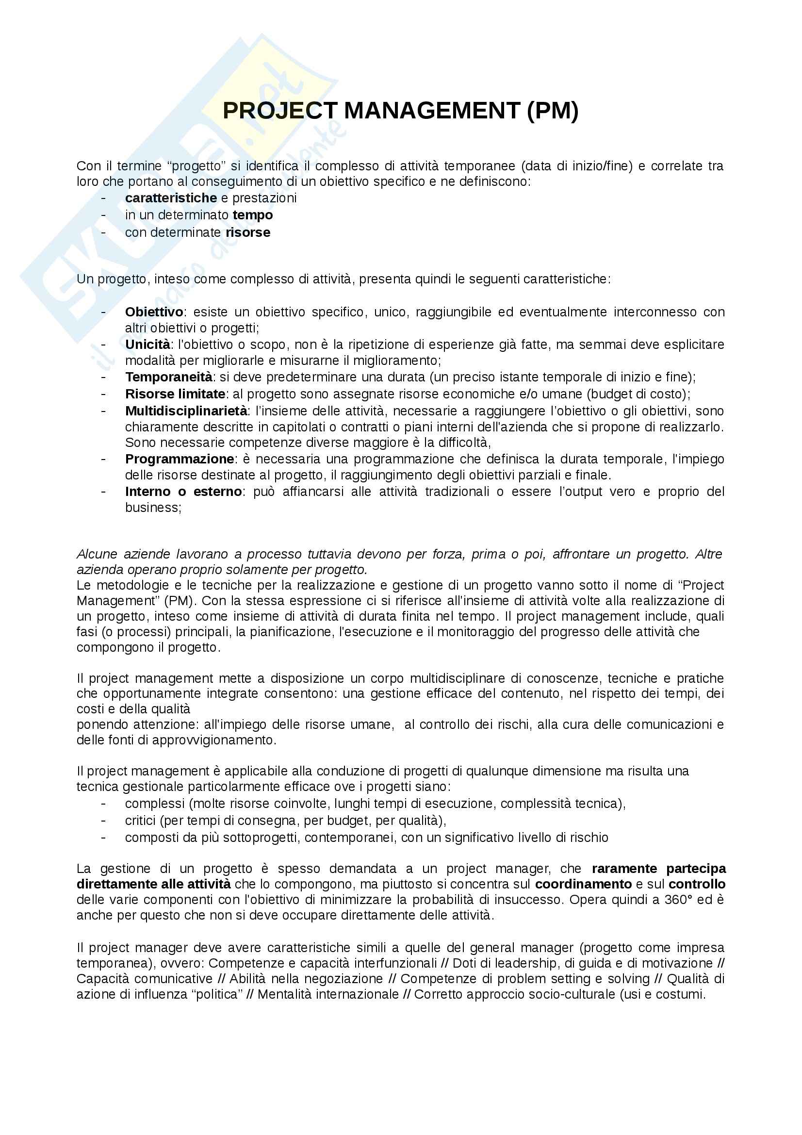 Project Management: Appunti di Gestione Pag. 1