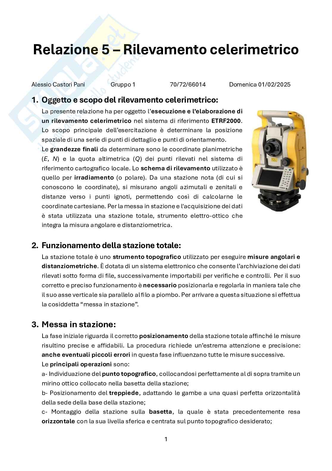 Relazione sul rilievo celerimetrico Pag. 1