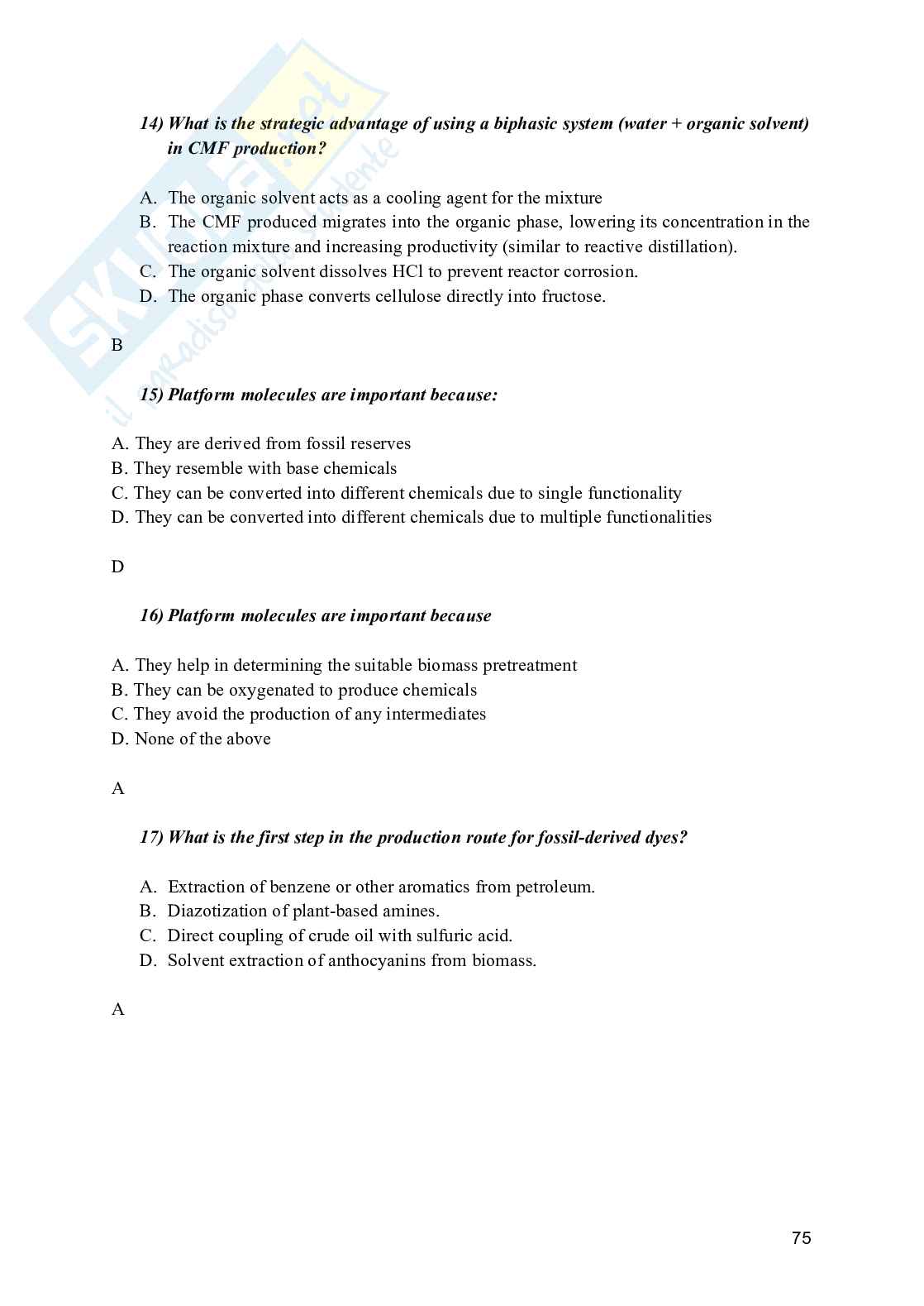 Industrial Chemical Processes for BIobased and Speciality Chemicals - Appunti e domande Pag. 76