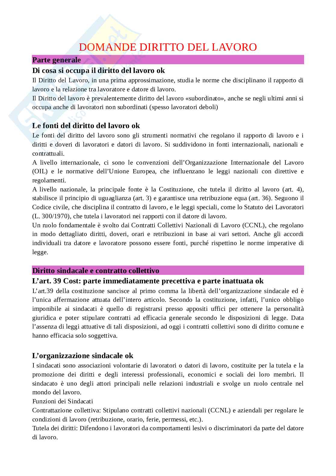 Domande orali possibili all'esame di Diritto del lavoro, con risposta Pag. 1