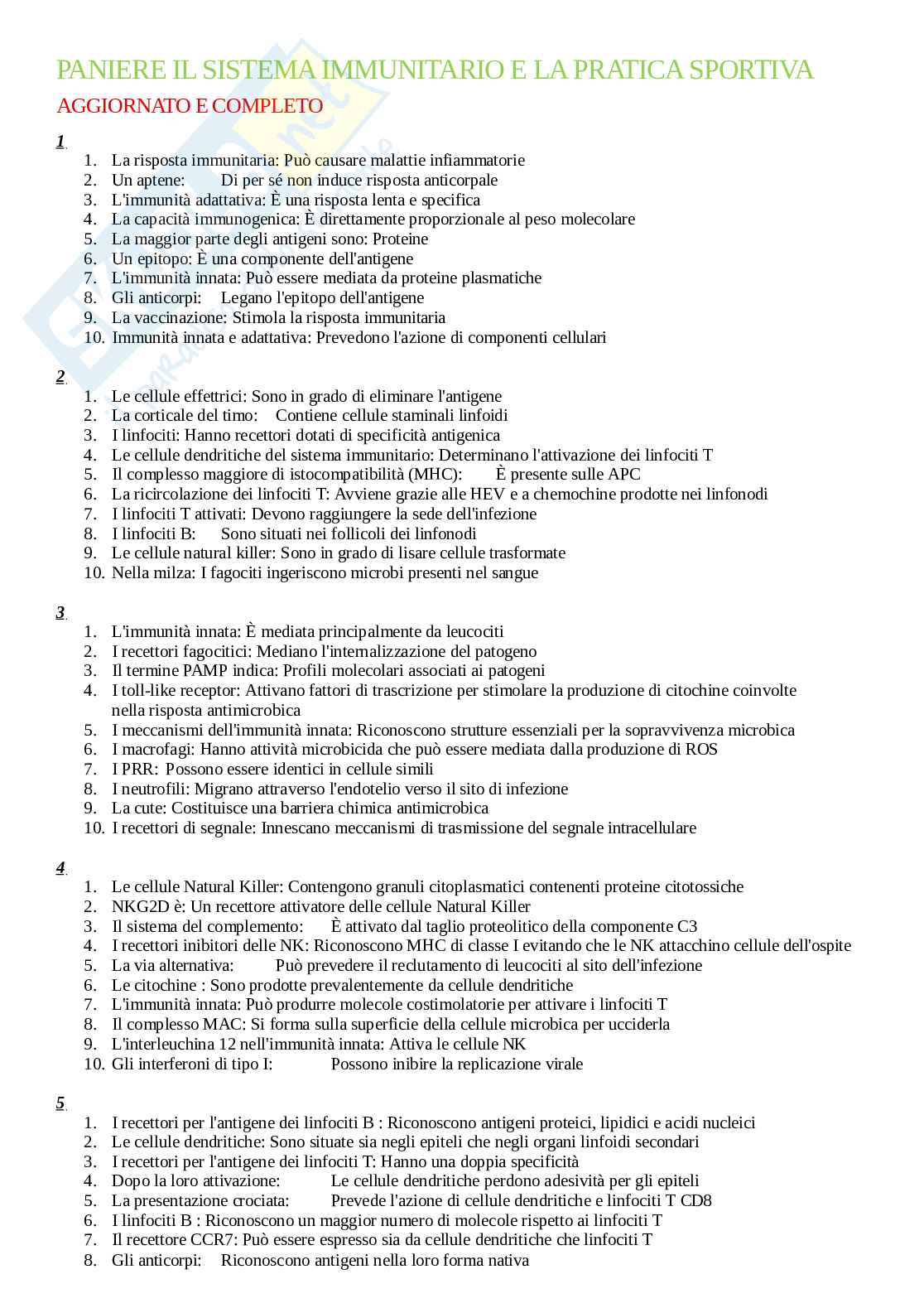 Paniere Il sistema immunitario e la pratica sportiva, aggiornato e completo. In ordine Pag. 1