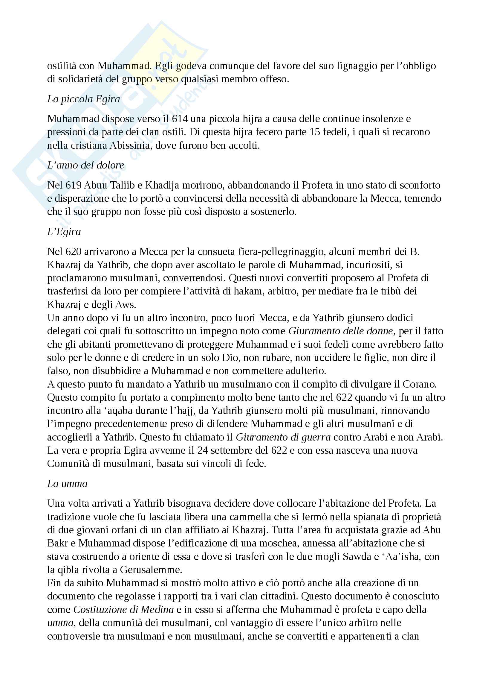 Riassunto esame di Islamistica, libro consigliato Storia del mondo islamico (VII-XVI secolo), Volume Primo. Il vicino Oriente, Claudio Lo Jacono Pag. 2