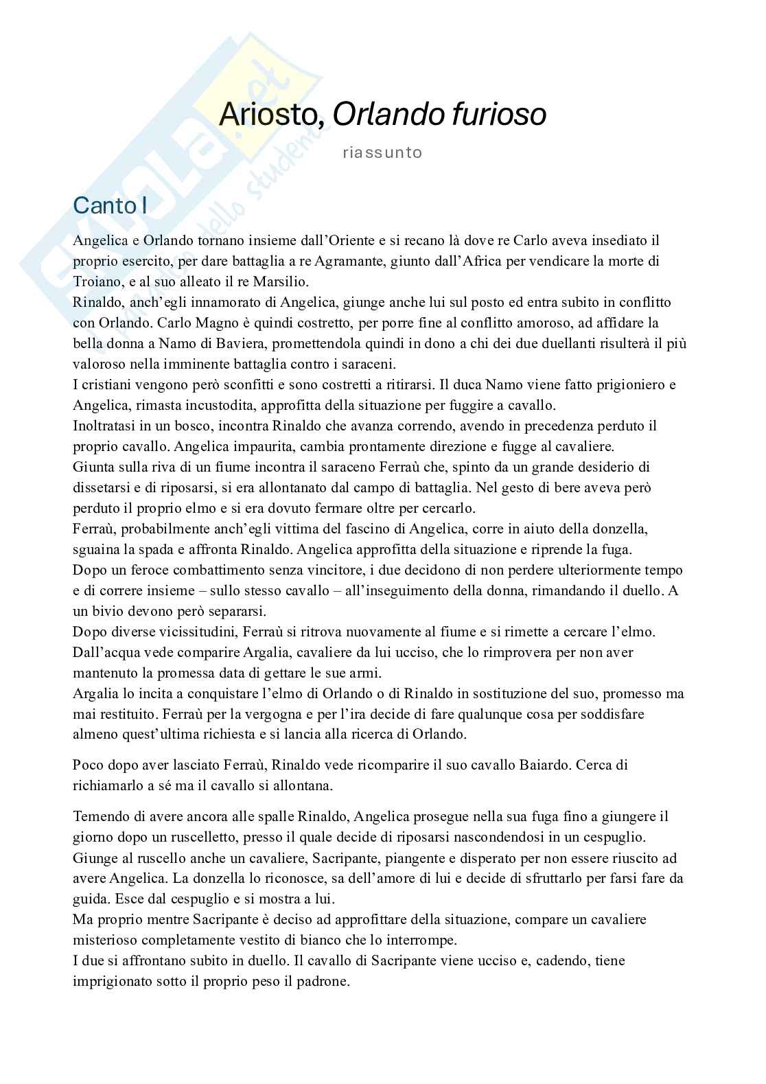 Riassunto esame Letteratura italiana, Prof. Jossa Stefano, libro consigliato Orlando furioso, Ariosto Pag. 1