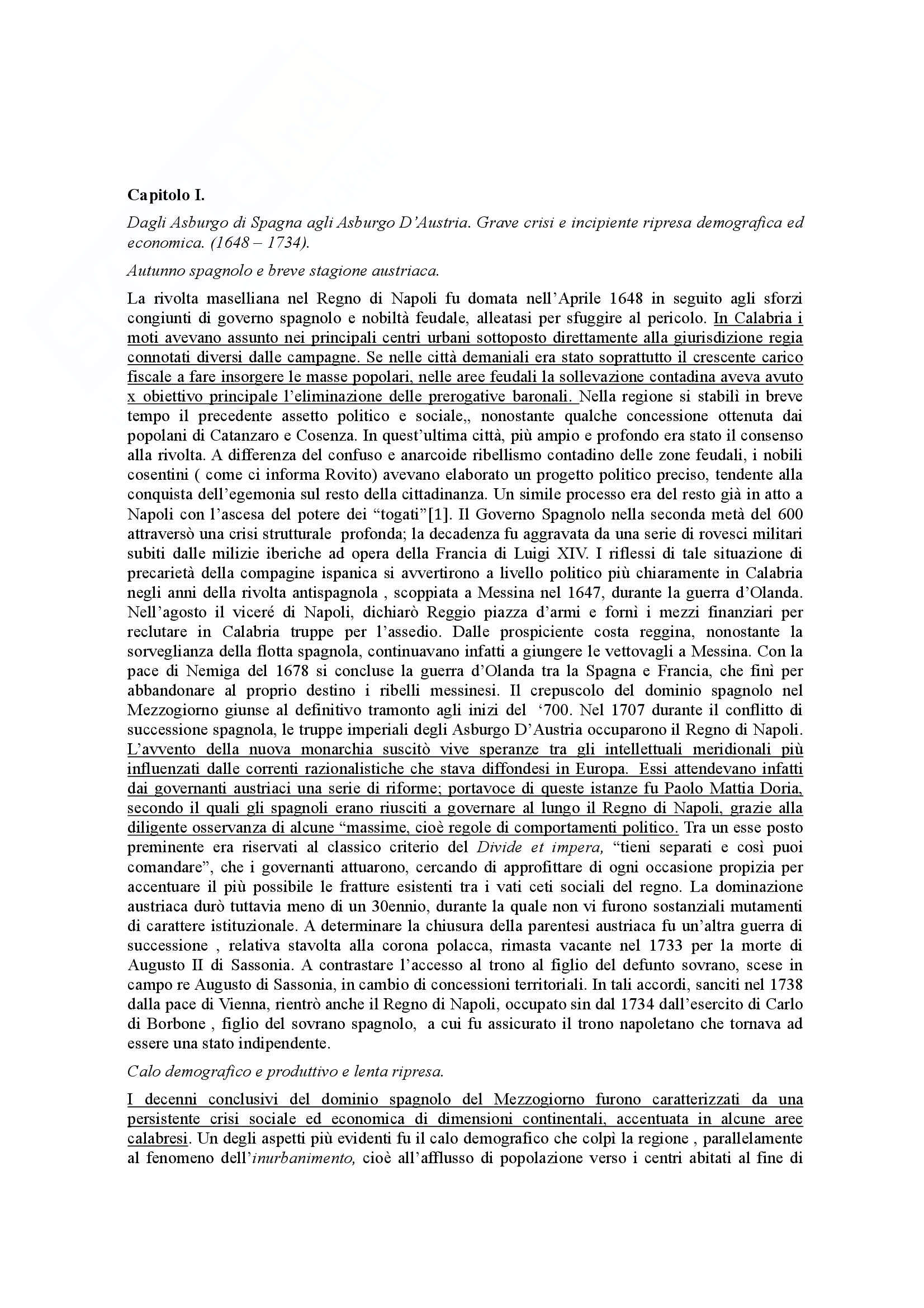 Riassunto esame Storia moderna, prof. Caridi, libro consigliato La Calabria nei documenti storici vol.2: Da metà Seicento a fine Ottocento, Caridi Pag. 1