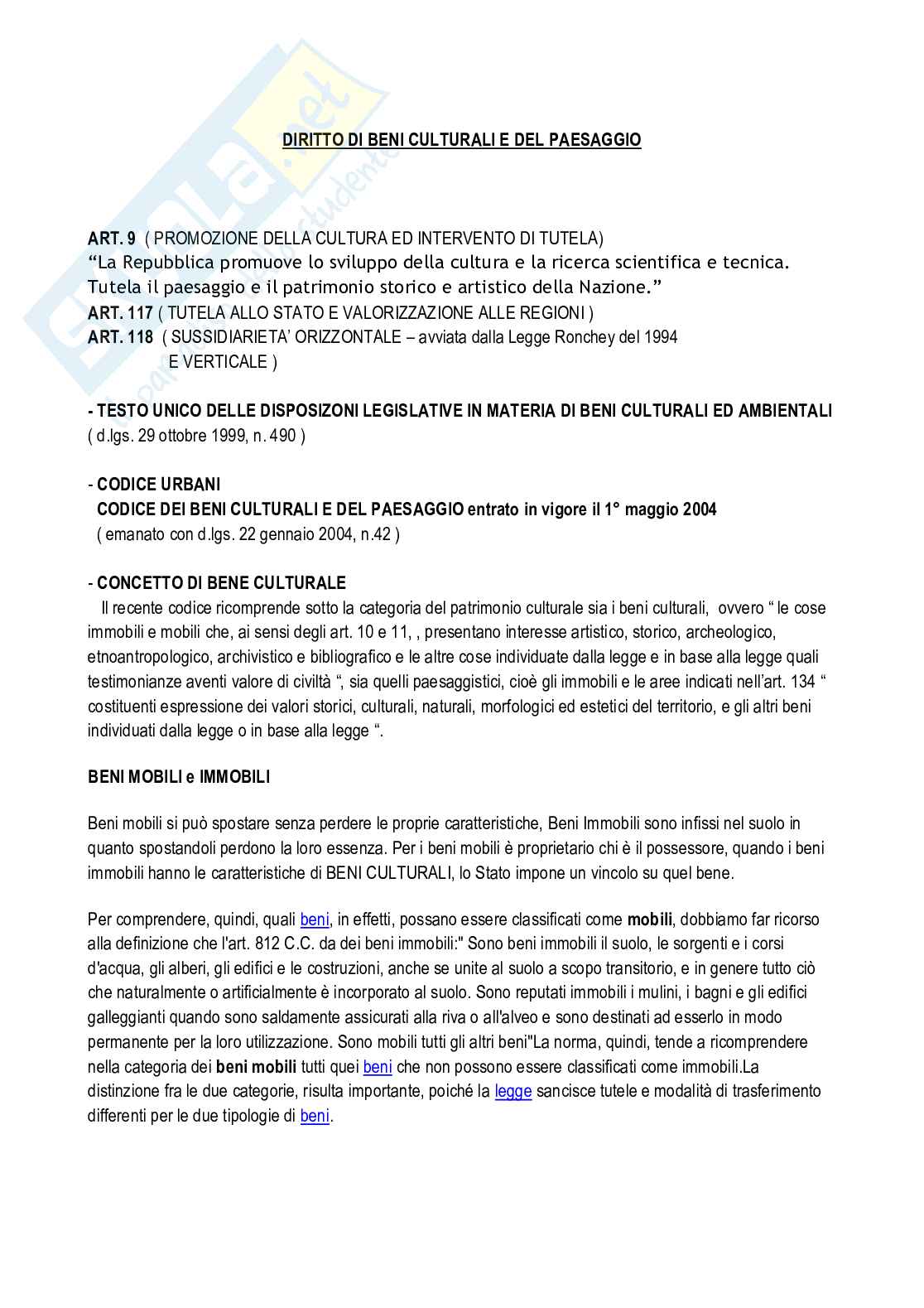 Appunti di Diritto dei beni culturali e del paesaggio - Legislazione Pag. 1