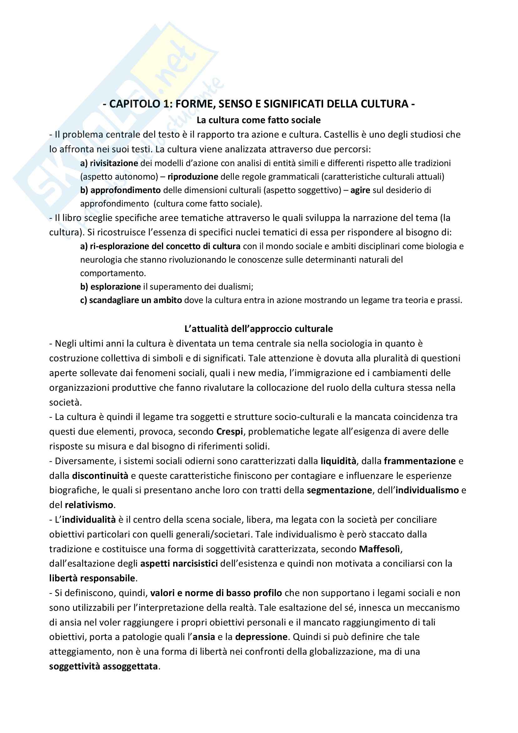 Riassunto esame Sociologia dei processi culturali, prof. Mongelli, libro consigliato Architetture Culturali Pag. 1