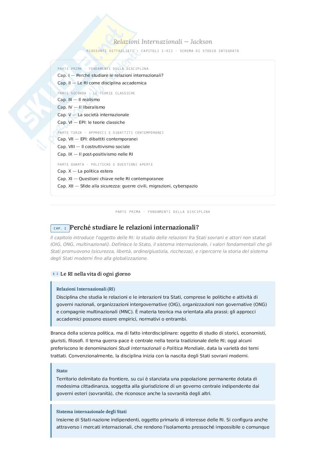 Riassunto esame Relazioni internazionali, Prof. Calossi Enrico, libro consigliato Relazioni internazionali, Jackson, Soraesen Pag. 1