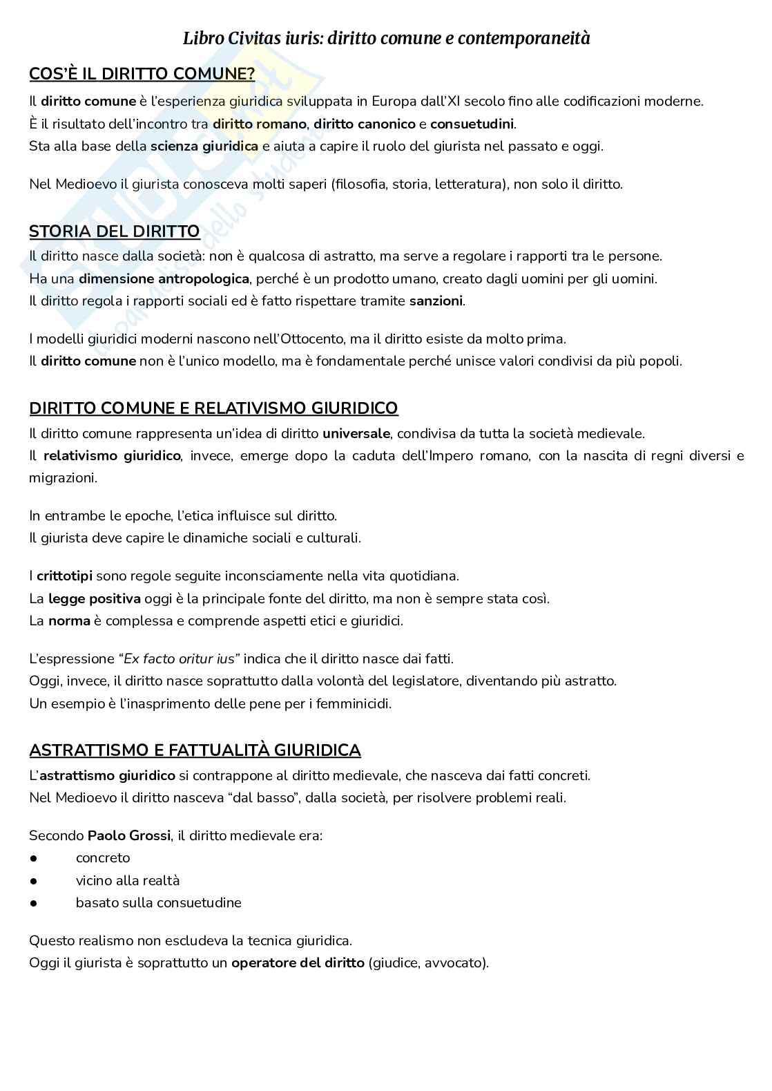 Riassunto esame Diritto comune, Prof. Gigliotti Valerio, libro consigliato Civitas iuris. Diritto comune e contemporaneità" e "La dritta via. Itinerari giuridici e teologici danteschi", Gigliotti Pag. 1