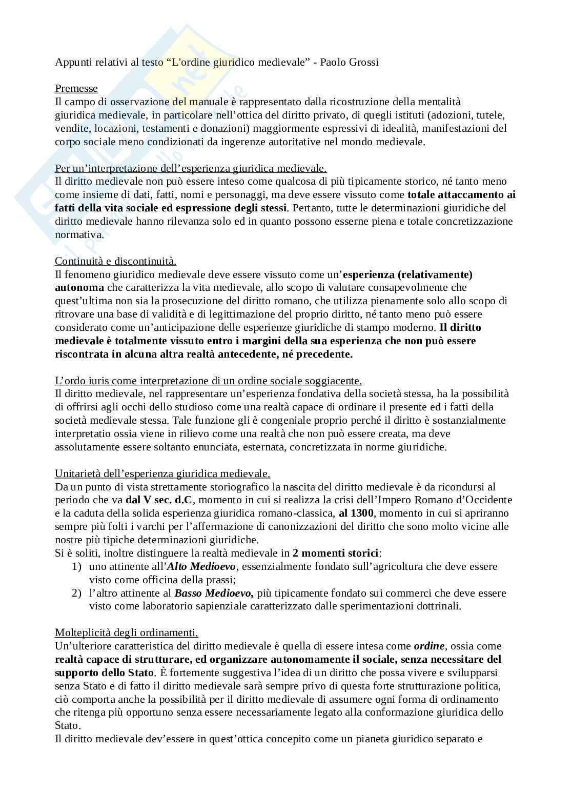 Riassunto esame Storia del diritto medievale e moderno, Prof. D'Urso Francesco, libro consigliato L'ordine giuridico medievale, Paolo Grossi Pag. 1