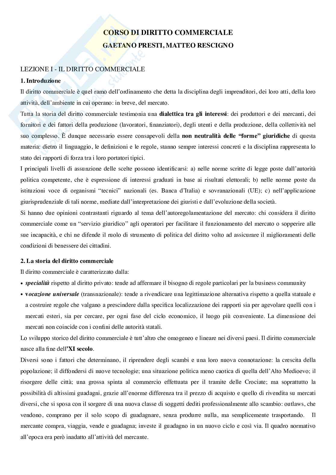 Riassunto esame Diritto commerciale, Prof. Vicari Andrea, libro consigliato Manuale di diritto commerciale, Presti, Rescigno  , Presti, Rescigno Pag. 1
