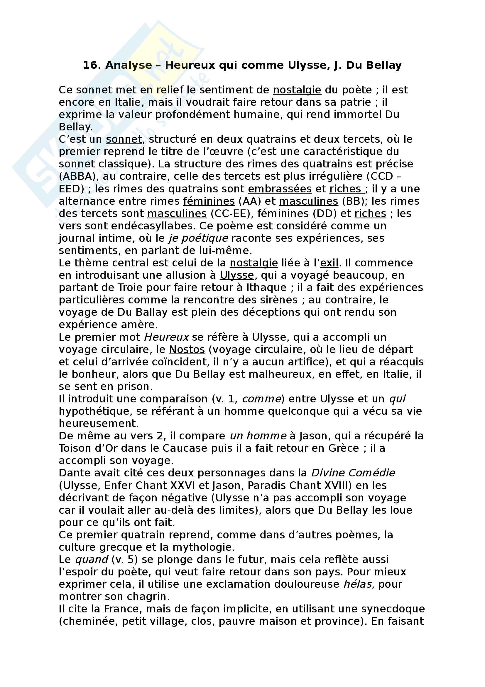 16. Analyse - Heureux qui comme Ulysse, J. Du Bellay Pag. 1