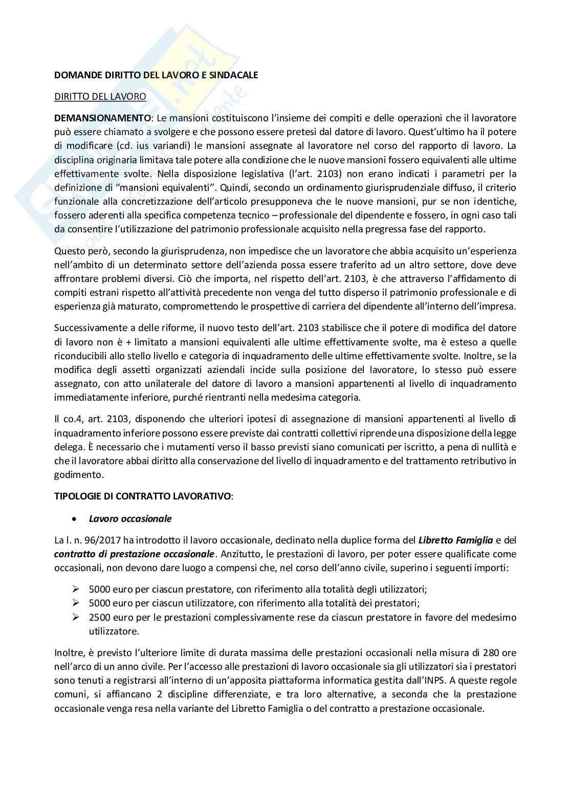 Domande e risposte Diritto del lavoro Pag. 1