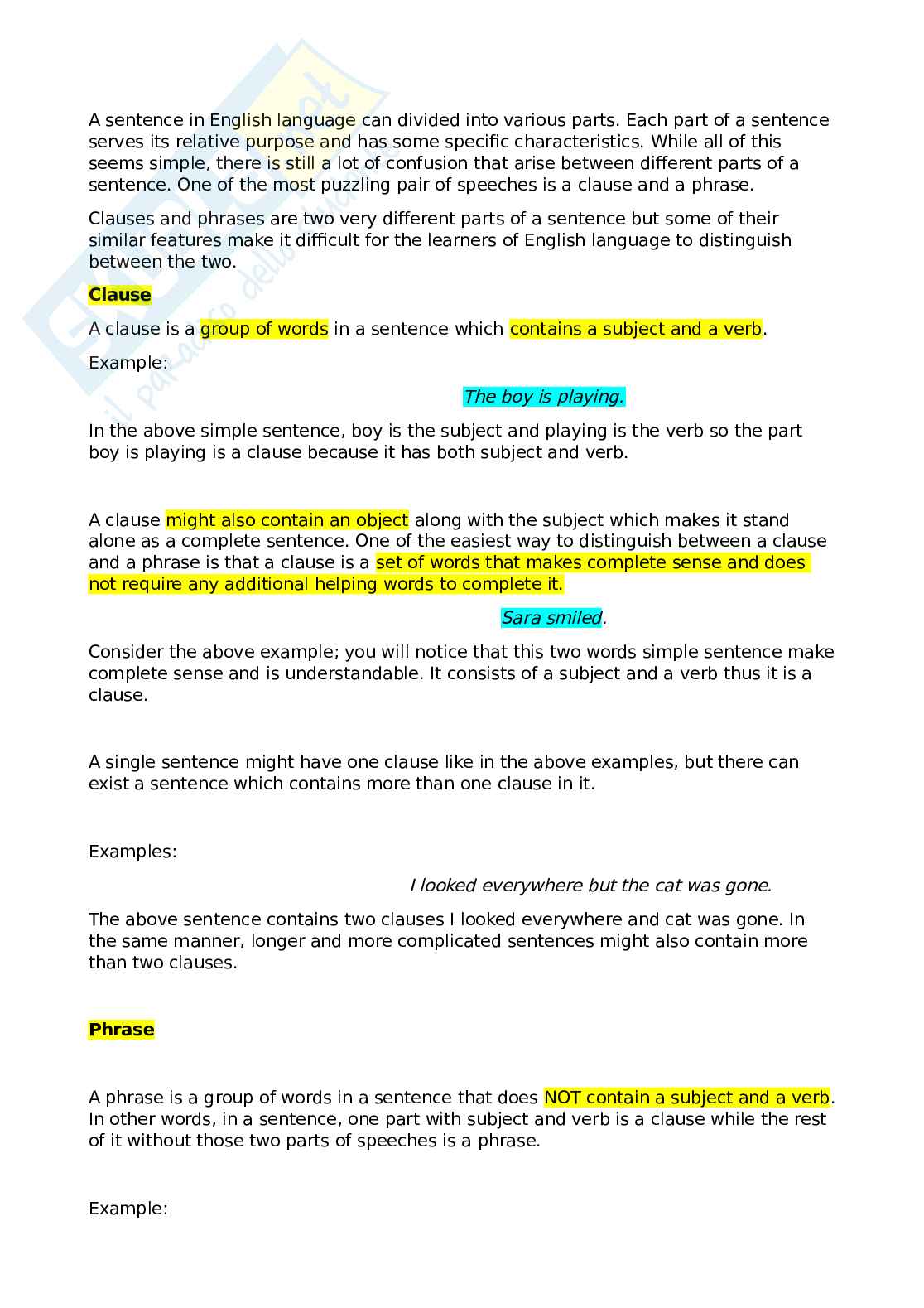 Differenze e definizioni, con esempi di: sentence, phrase, clause ...