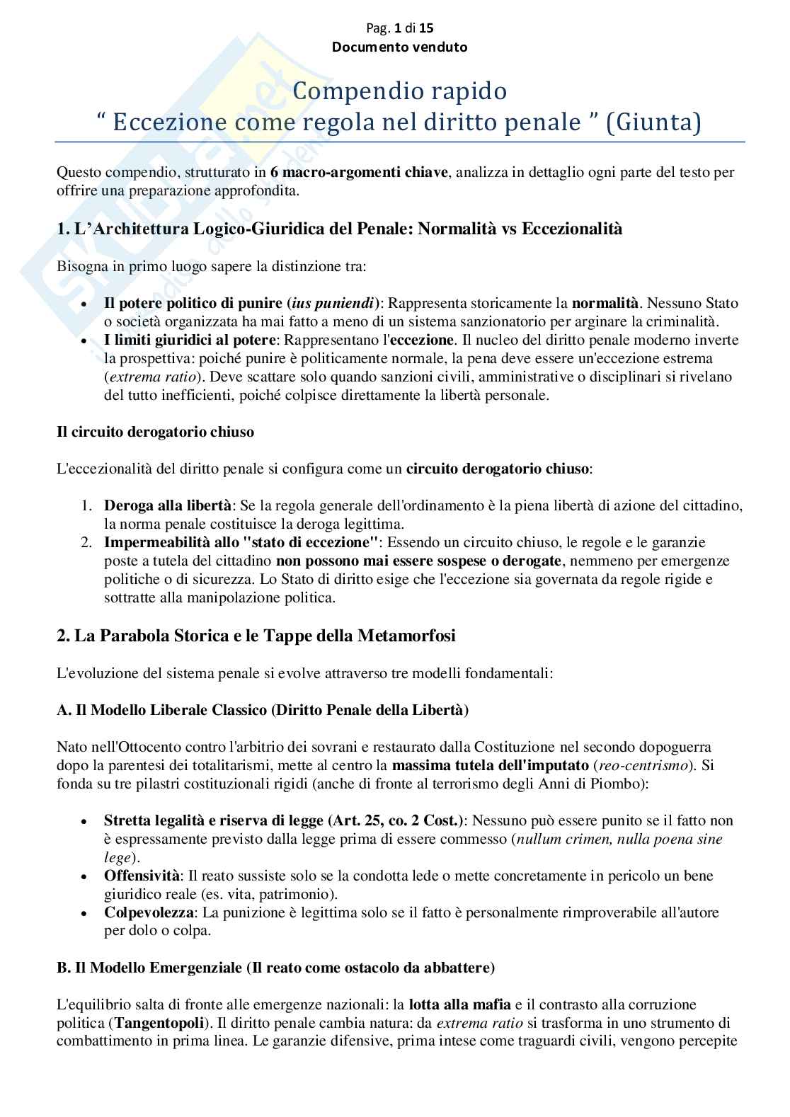Riassunto esame Diritto penale parte speciale, Prof. Marra Gabriele, libro consigliato Compendio breve Eccezione come regola nel diritto penale, Giunta Pag. 1