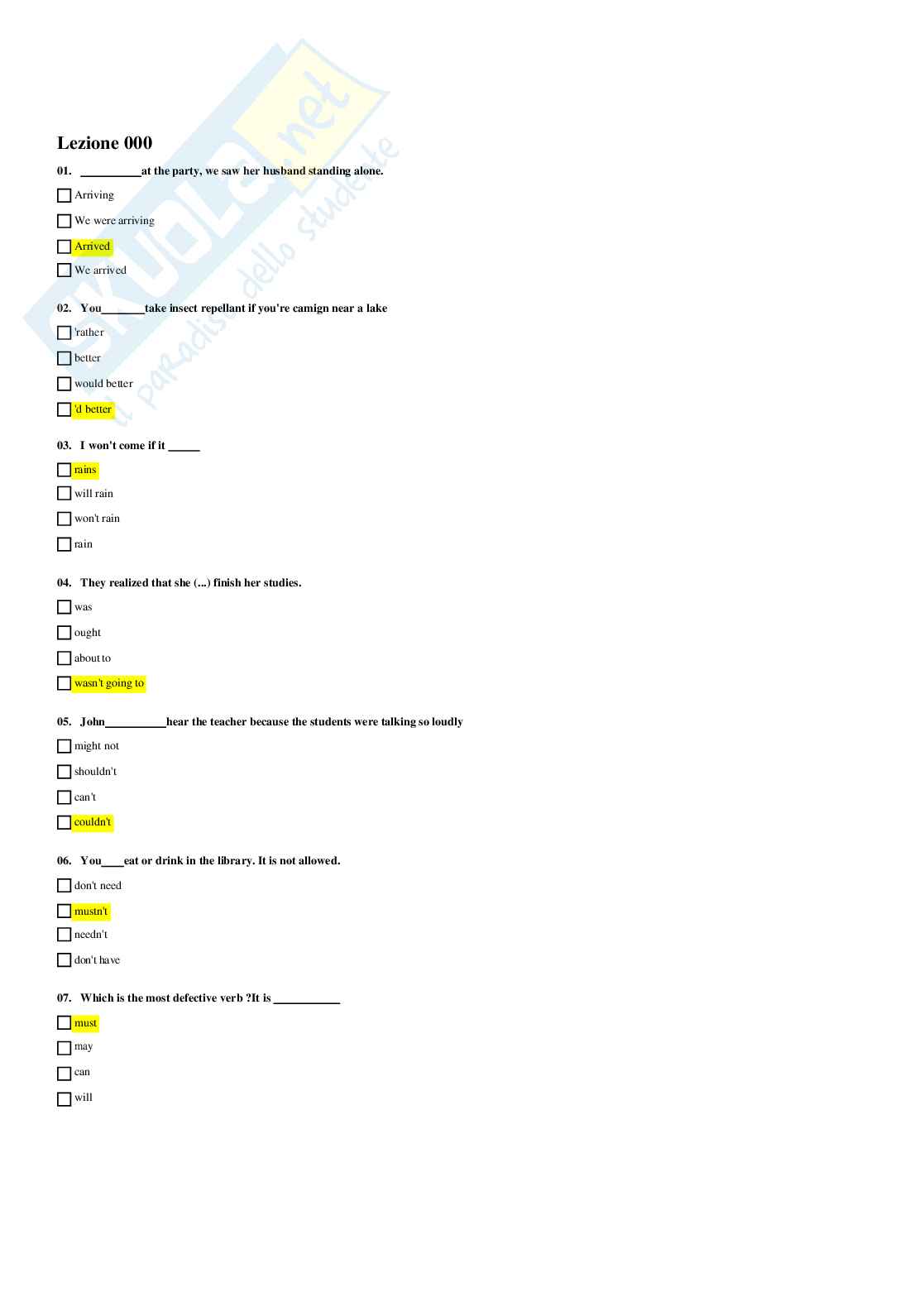 Paniere di Lingua inglese Pag. 1