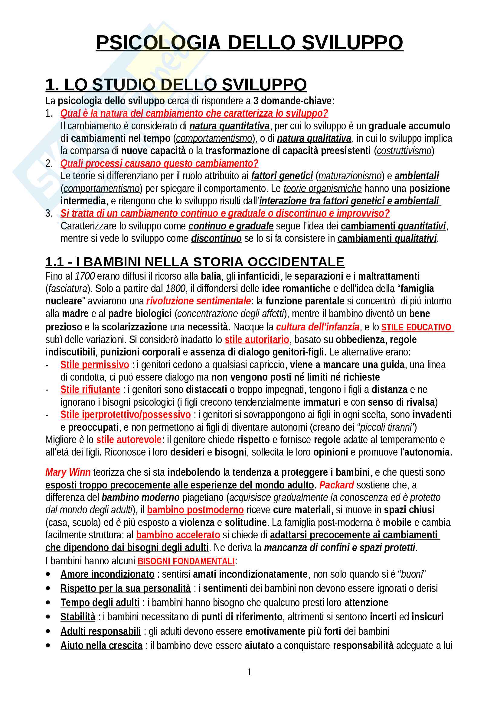Riassunto esame Psicologia dello Sviluppo, prof. Bellagamba, libro consigliato "Psicologia dello sviluppo", Camaioni-Di Blasio Pag. 1