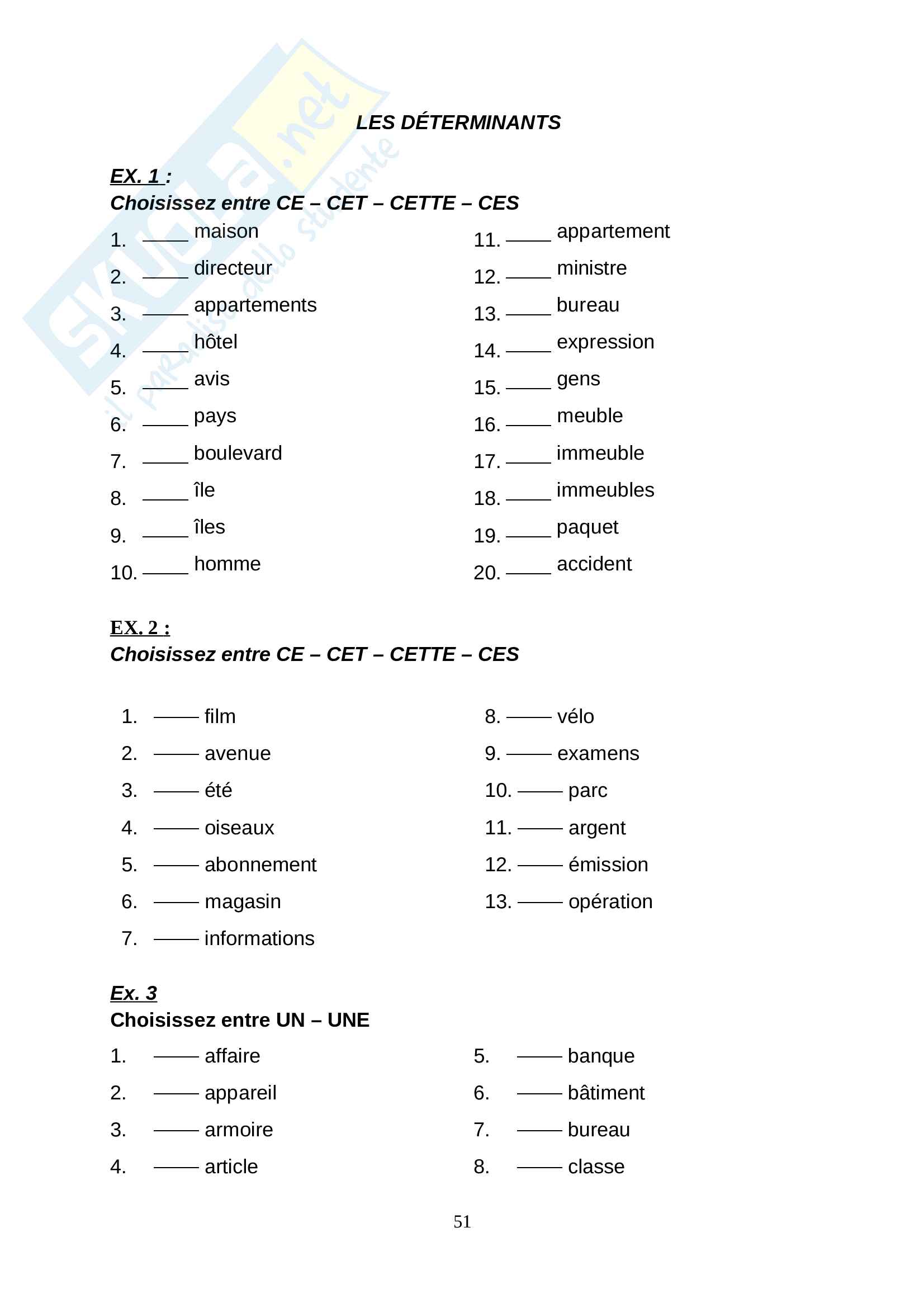 Francese: esercizi di grammatica con correzione: i determinanti