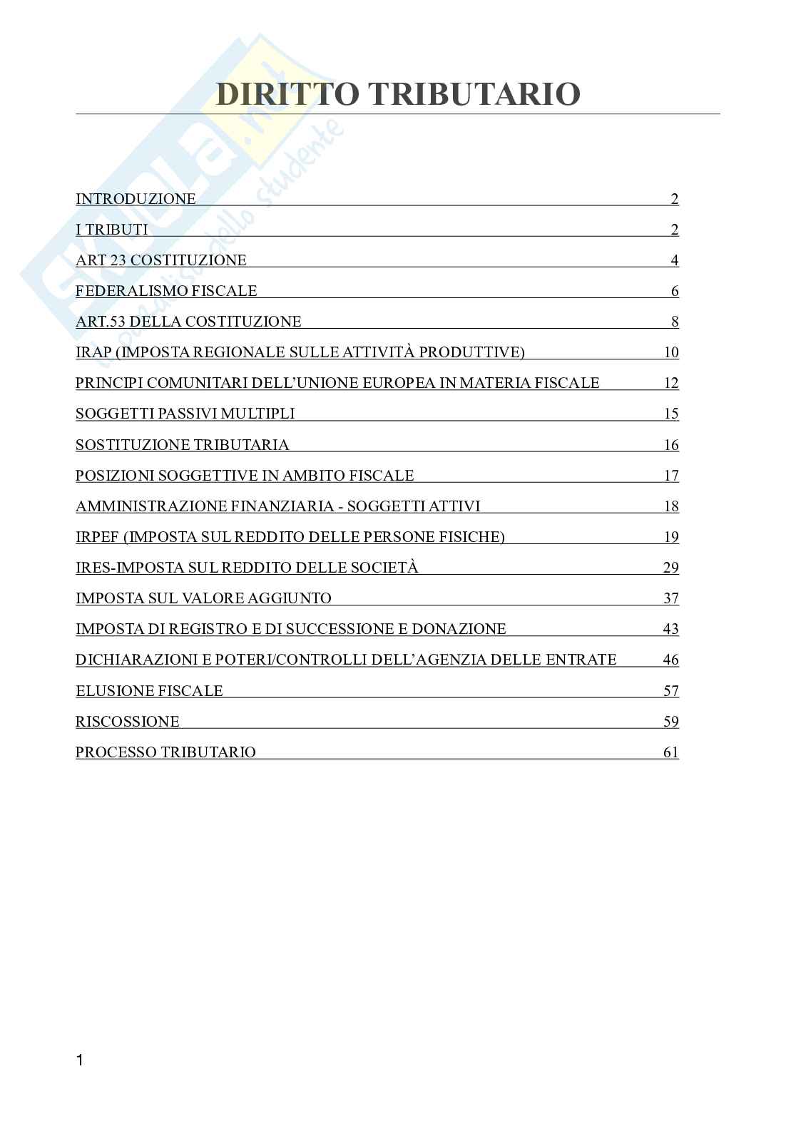 Appunti completi delle lezioni di Diritto tributario  Pag. 1