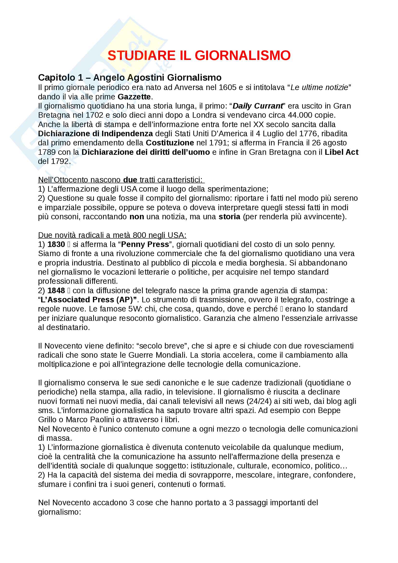 Riassunto esame Teorie e tecniche del linguaggio giornalistico, prof. Ivan Berni, libro consigliato ”Studiare il giornalismo", di Agostini Angelo,  Zanichelli Marta Pag. 1