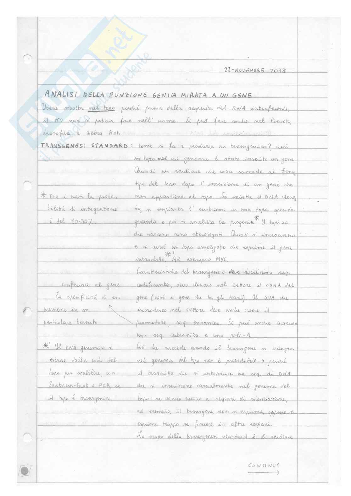 Biologia molecolare (quarta parte-funzione genica mirata a un gene, gene targeting, topi KO) Pag. 1
