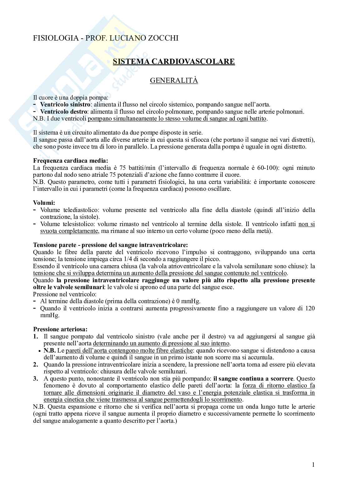 Fisiologia (apparato cardiovascolare, sistema respiratorio, sistema urinario) Pag. 1
