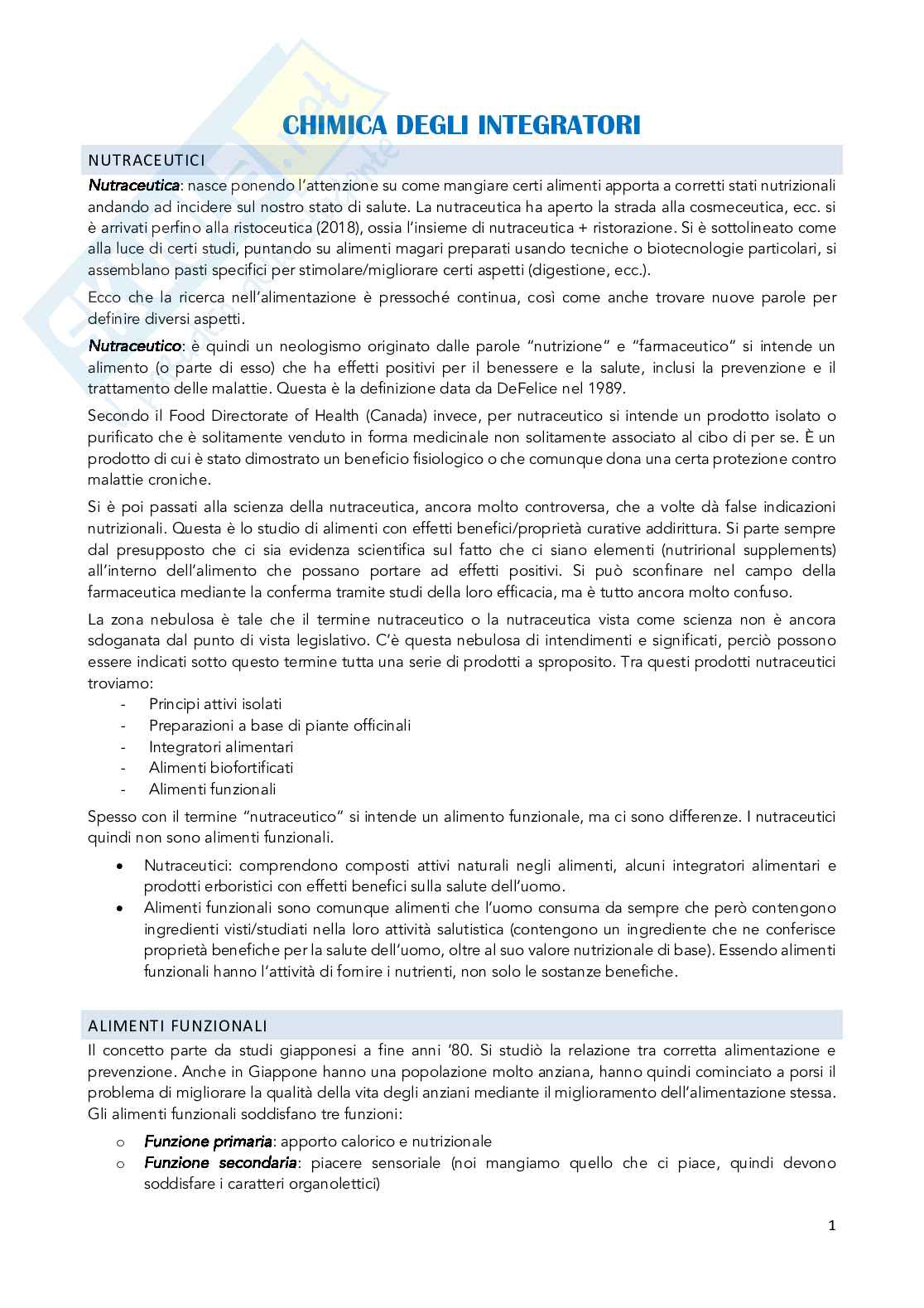 Appunti Chimica degli integratori nutrizionali e salutistici  Pag. 1