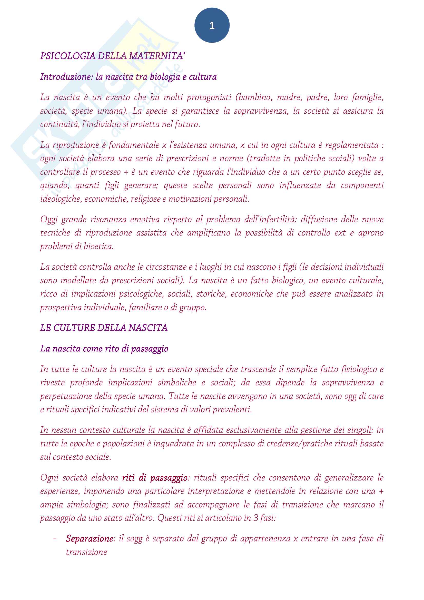 Riassunto esame Psicodinamica dello sviluppo e delle relazioni familiari, prof. Giani Gallino, libro consigliato Psicologia della maternità, di Scopesi, Viterbori Pag. 1