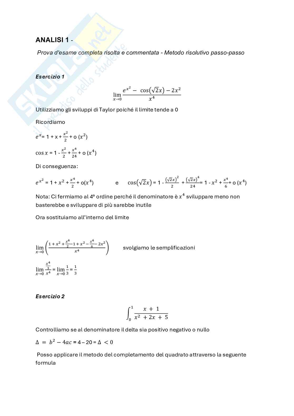 Analisi matematica 1 - Prova d'esame completa risolta e commentata + formulario  Pag. 1