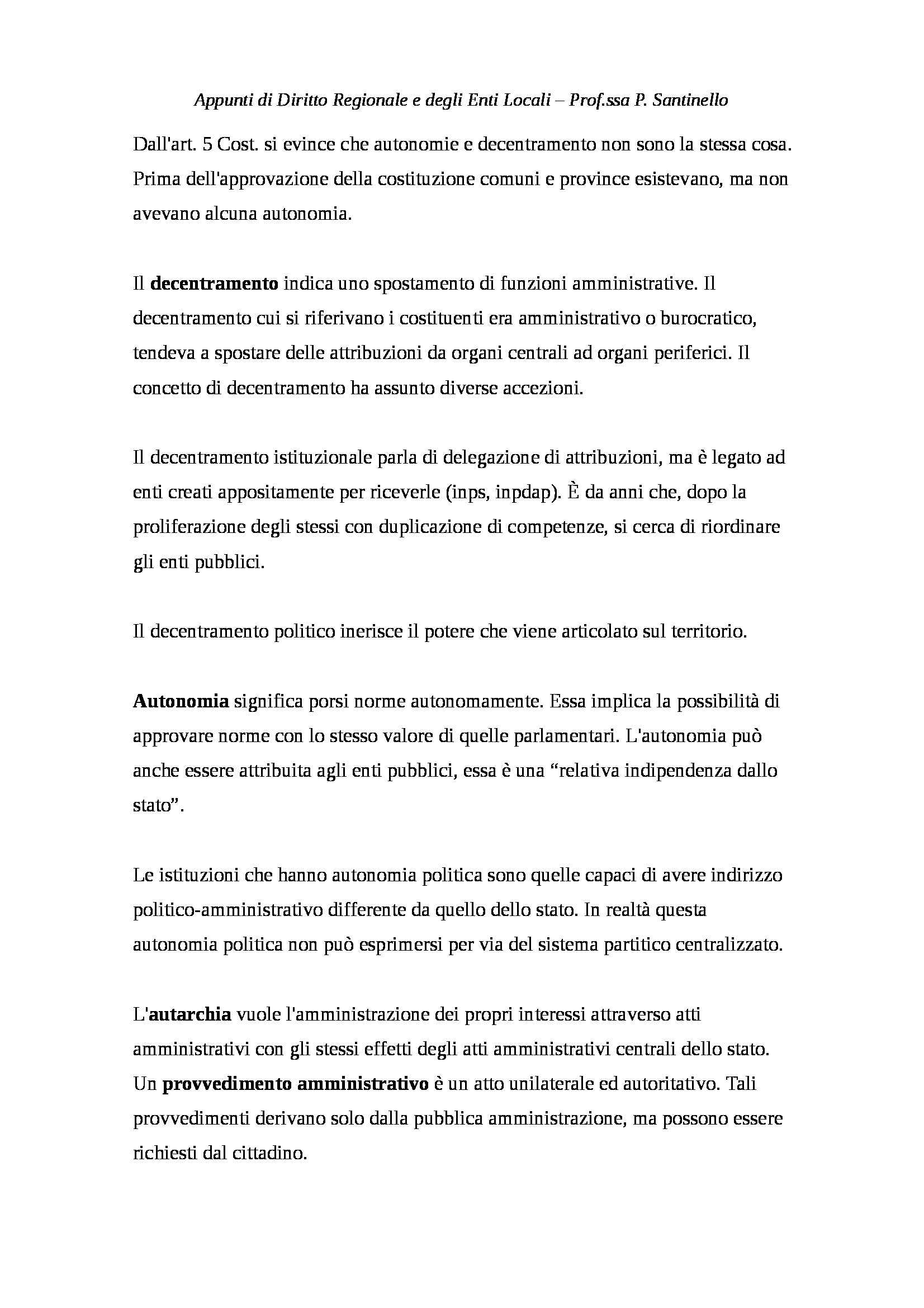 Diritto Regionale e degli Enti Locali - Appunti Pag. 1